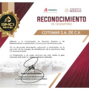 Concluye Cotemar rehabilitación de la plataforma Akal C-6 y recibe reconocimiento de Pemex